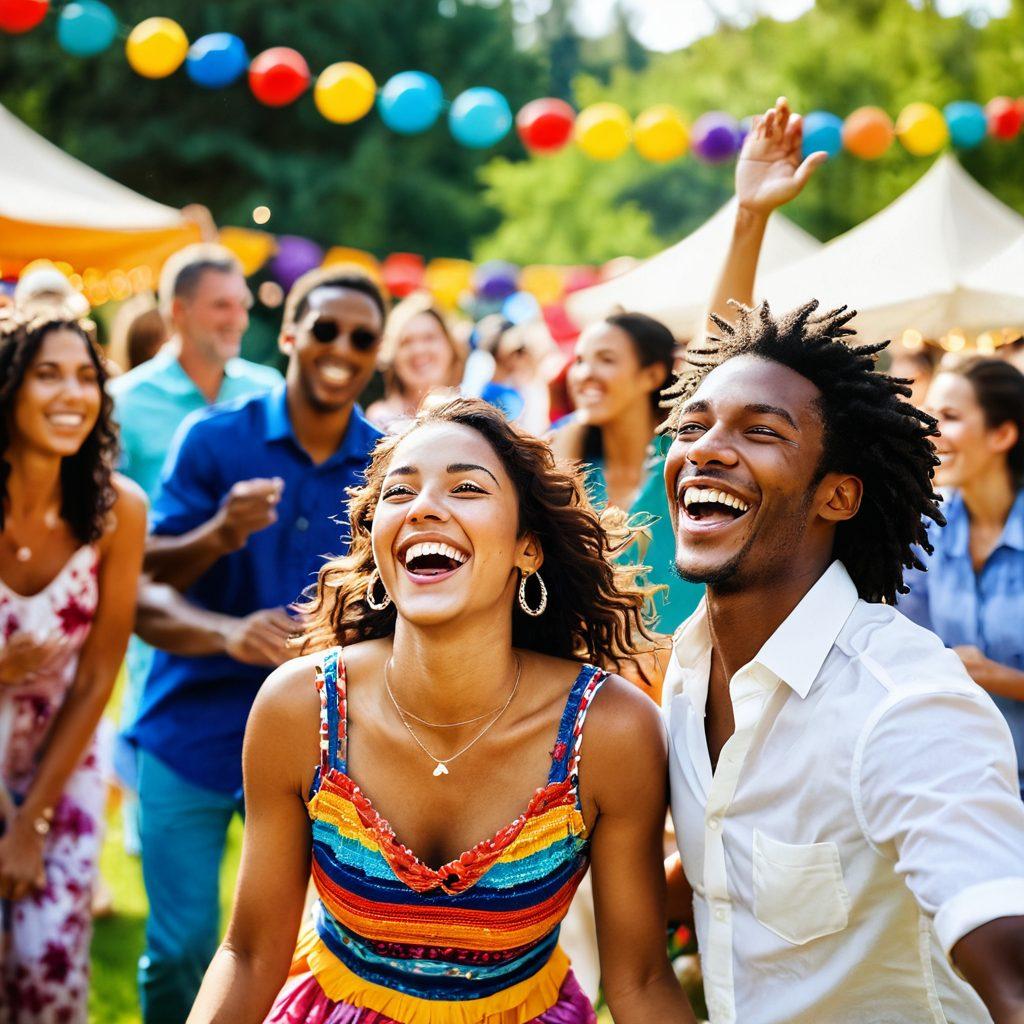A captivating scene of a joyful event photographer capturing happy moments at a vibrant outdoor celebration, featuring diverse people laughing, dancing, and enjoying themselves amidst colorful decorations and natural scenery. Include a soft-focus effect on the photographer to emphasize their enthusiasm and creativity. Super-realistic. Bright and lively colors. Natural light.
