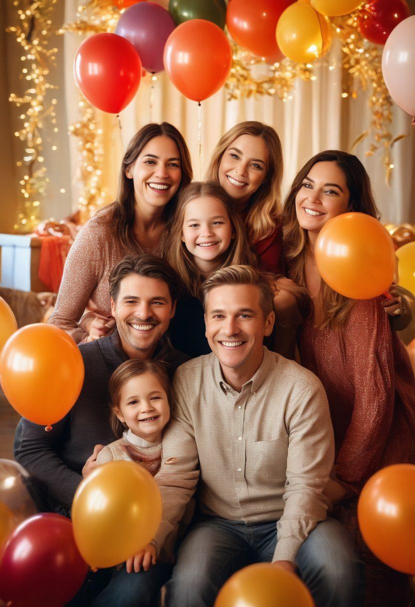 A beautifully composed family portrait featuring diverse family members joyfully celebrating a special occasion, with warm, soft lighting and rich colors that evoke emotion. Capture candid moments of laughter and connection, surrounded by festive decorations like balloons and streamers. The focus on facial expressions should convey love and happiness, showcasing the essence of emotive photography. super-realistic. vibrant colors. warm tones.