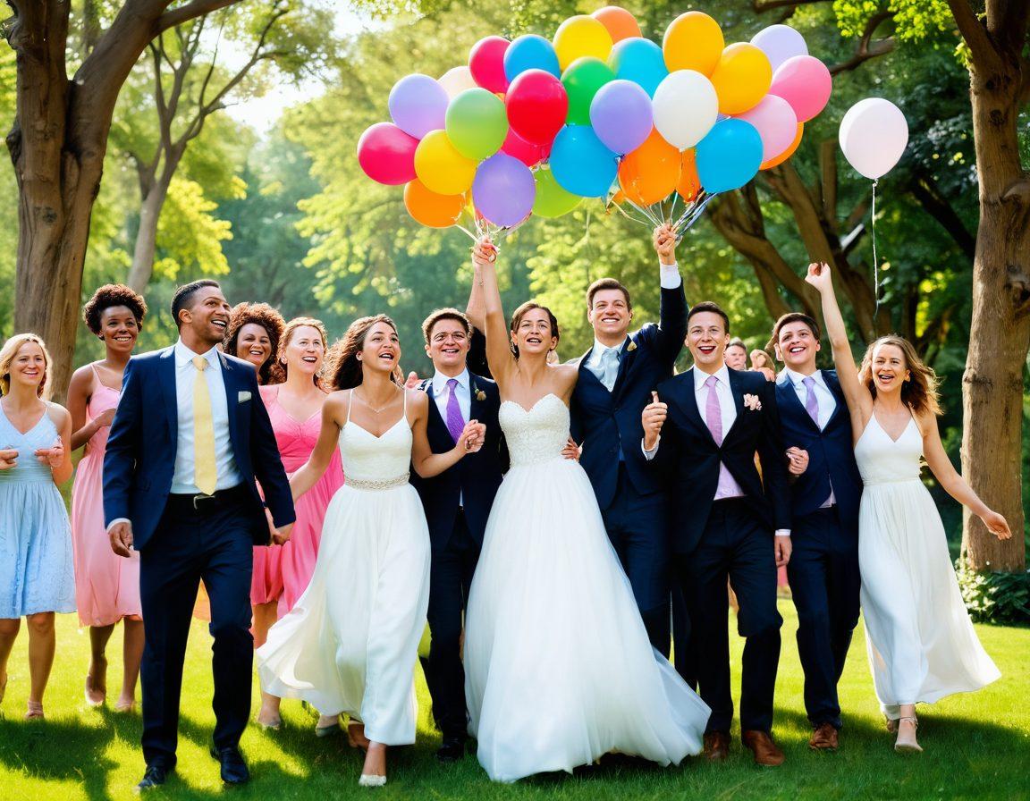 A whimsical scene capturing a diverse group of people joyfully celebrating various life moments, such as weddings, birthdays, and graduations, amidst colorful balloons and heartfelt smiles. The background is filled with natural sunlight filtering through trees, creating a warm and inviting atmosphere. Each subject is engaged in laughter or candid photography, with vibrant colors enhancing the overall feeling of happiness. super-realistic. vibrant colors. soft focus.